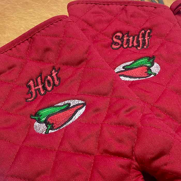 Hot stuff embroidery design oven mitts