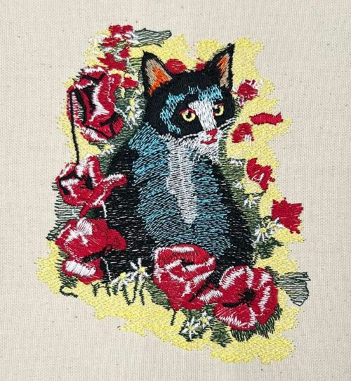 cat and flowers embroidery design