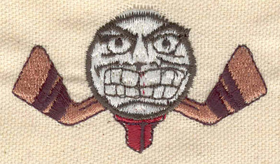 Embroidery Design: Hockey sticks with angry puck 2.65w X 1.50h