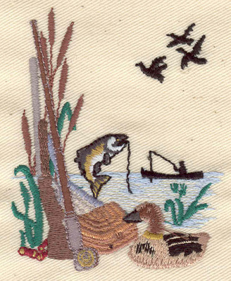 Embroidery Design: Hunting and fishing scene 2.66w X 3.18h