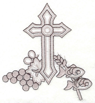 Embroidery Design: Cross with grapes fish and wheat 4.64"w X 5.07"h