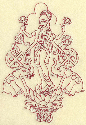 Embroidery Design: Lakshmi goddess of fortune redwork 6.95w X 4.84h