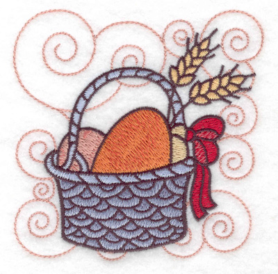 Embroidery Design: Bread buns and wheat in a basket small 3.83w X 3.88h
