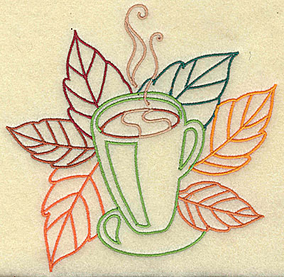 Embroidery Design: Hot Cocoa with fall foliage large 4.98w X 4.86h