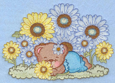 Embroidery Design: Bear sleeping amidst daisies large7.00w X 4.86h