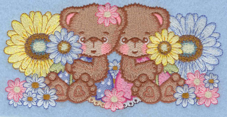 Embroidery Design: Two bears amidst daisies large7.00w X 3.45h
