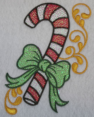 Embroidery Design: Candy cane with ribbon and swirls 4.13w X 5.25h