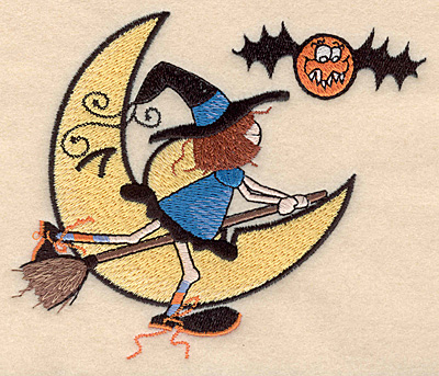 Embroidery Design: Witch moon bat large 4.99"w X 4.21"h