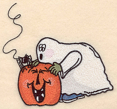 Embroidery Design: Ghost with pumpkin large 5.00"w X 4.81"h