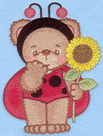 Embroidery Design: Ladybug bear with single sunflower large4.48w X 5.86h