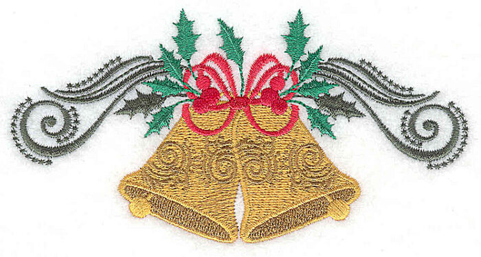 Embroidery Design: Christmas Bells bow swirls and holly 5.47w X 2.82h
