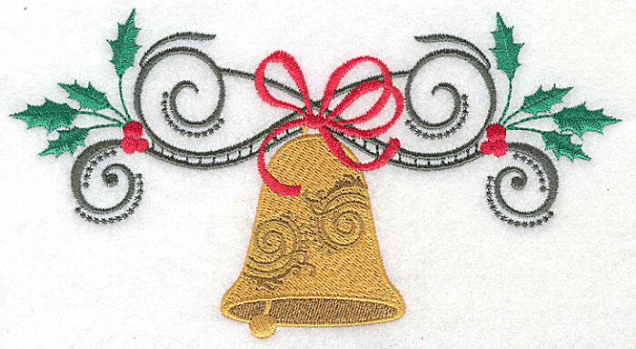 Embroidery Design: Christmas Bell with bow swirls and holly 6.95w X 3.76h