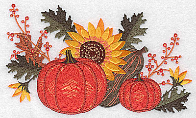 Embroidery Design: Pumpkins gourd sunflower and berries 6.93w X 4.20h