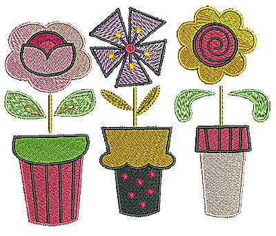 Embroidery Design: Flower pot trio 6.06w X 5.00h
