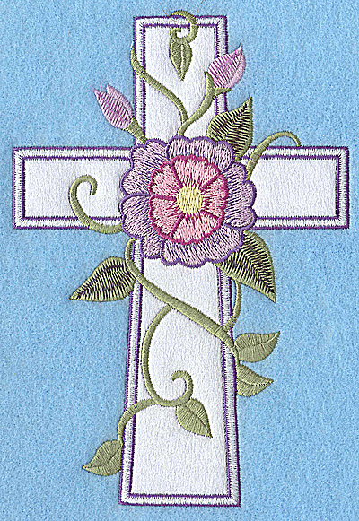 Embroidery Design: Cross applique with mauve and pink flower 6.91w X 4.70h