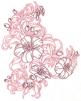 Embroidery Design: Yellow trumpet cluster verticle redwork  6.15"h x 4.93"w
