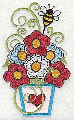 Embroidery Design: Flowers in applique vase with bee 2.95w X 4.94h