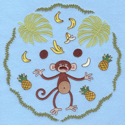 Embroidery Design: Monkey Juggling with Vines and Leaves7.47w X 7.47h