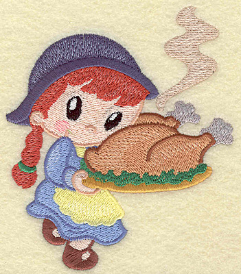 Embroidery Design: Pilgrim girl with cooked turkey large 4.24w X 4.93h