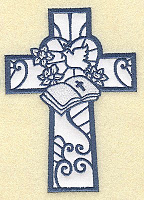 Embroidery Design: Cross applique dove and bible 3.49w X 4.96h