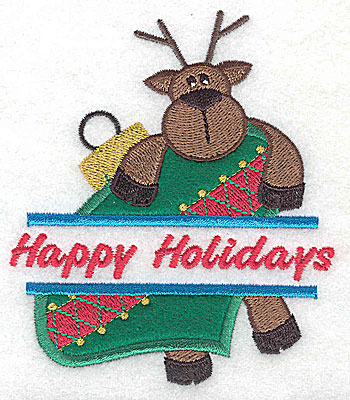 Embroidery Design: Happy Holidays reindeer on ornament split applique 3.66w X 4.25h