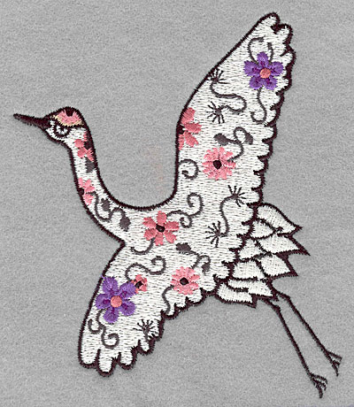 Embroidery Design: Flowered crane  5.00"h x 4.12"h