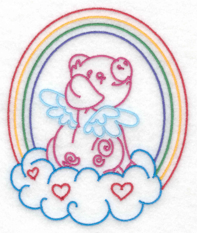 Embroidery Design: Pig sitting on cloud with rainbow large 4.12w X 4.95h