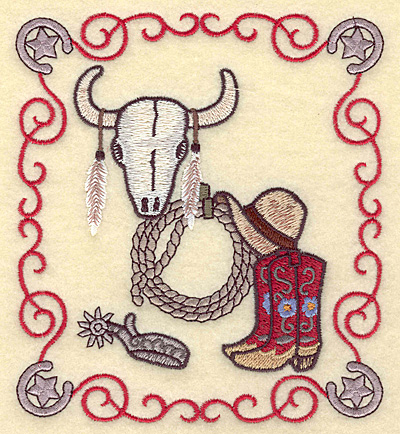 Embroidery Design: Western scene with longhorn skull and swirls 4.95w X 5.57h