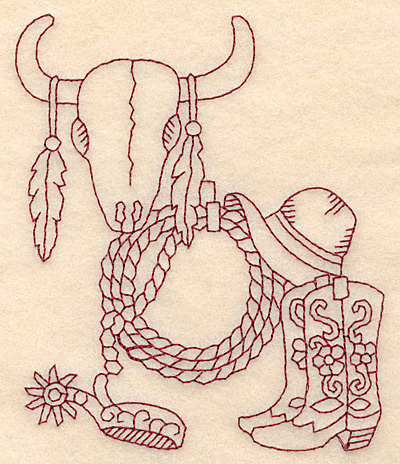 Embroidery Design: Redwork western scene with longhorn skull 3.87w X 4.72h