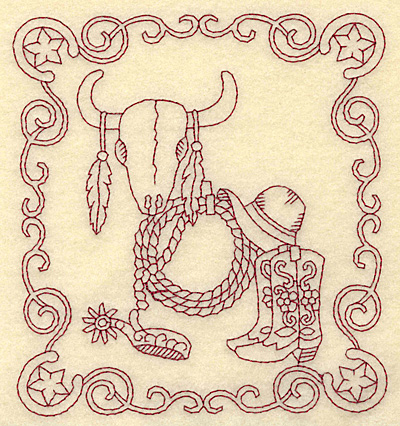 Embroidery Design: Redwork western scene with longhorn skull and swirls 4.94w X 5.40h