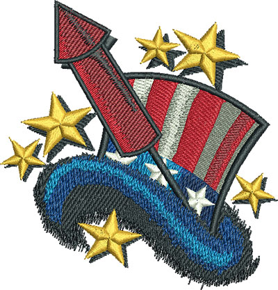Embroidery Design: Uncle Sam Hat and Fireworks Lg 3.87w X 4.04h