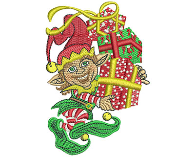 Embroidery Design: Elf With Stack Of Gifts Lg 2.72w X 4.02h