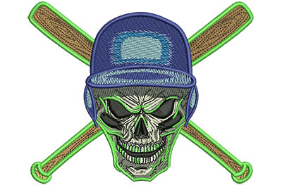 Embroidery Design: Baseball Skull With Bats Lg 4.54w X 3.74h