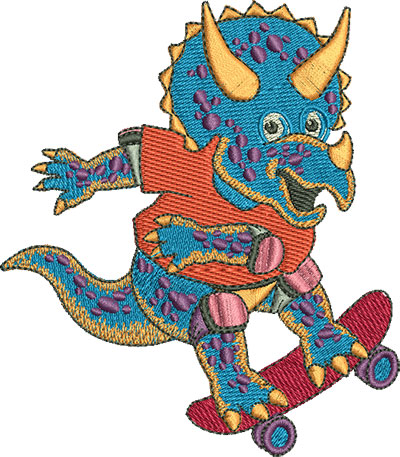 Embroidery Design: Skateboarding Triceratops Lg 3.93w X 4.49h