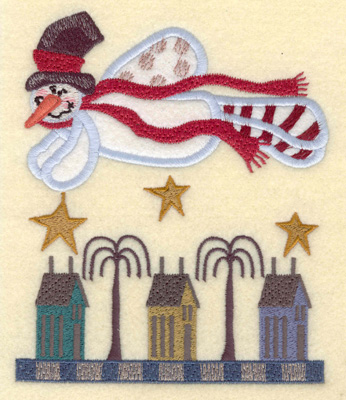 Embroidery Design: Flying Snowman with Homes4.95w X 5.94h