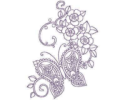 Embroidery Design: Paisley Butterfly with Flowers A 3.88w X 5.38h