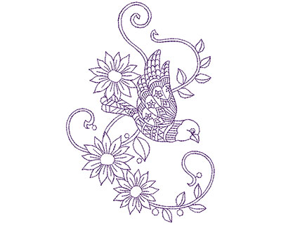 Embroidery Design: Paisley Flower Bird B 4.63w X 6.94h