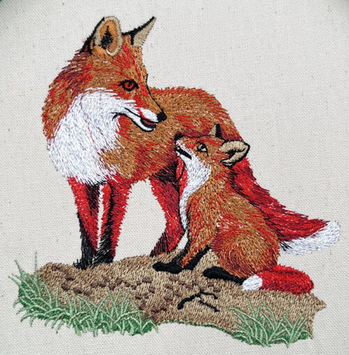 red fox and baby embroidery design