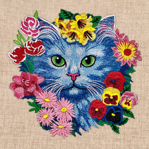 Cat Face With Flowers Embroidery Design