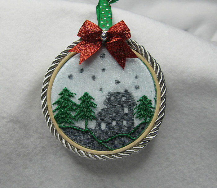 Christmas Dimension Ornament Trees with House Embroidery Design