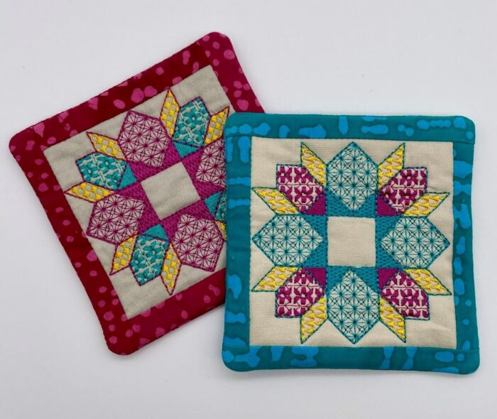 In-the-hoop embroidery mug rugs