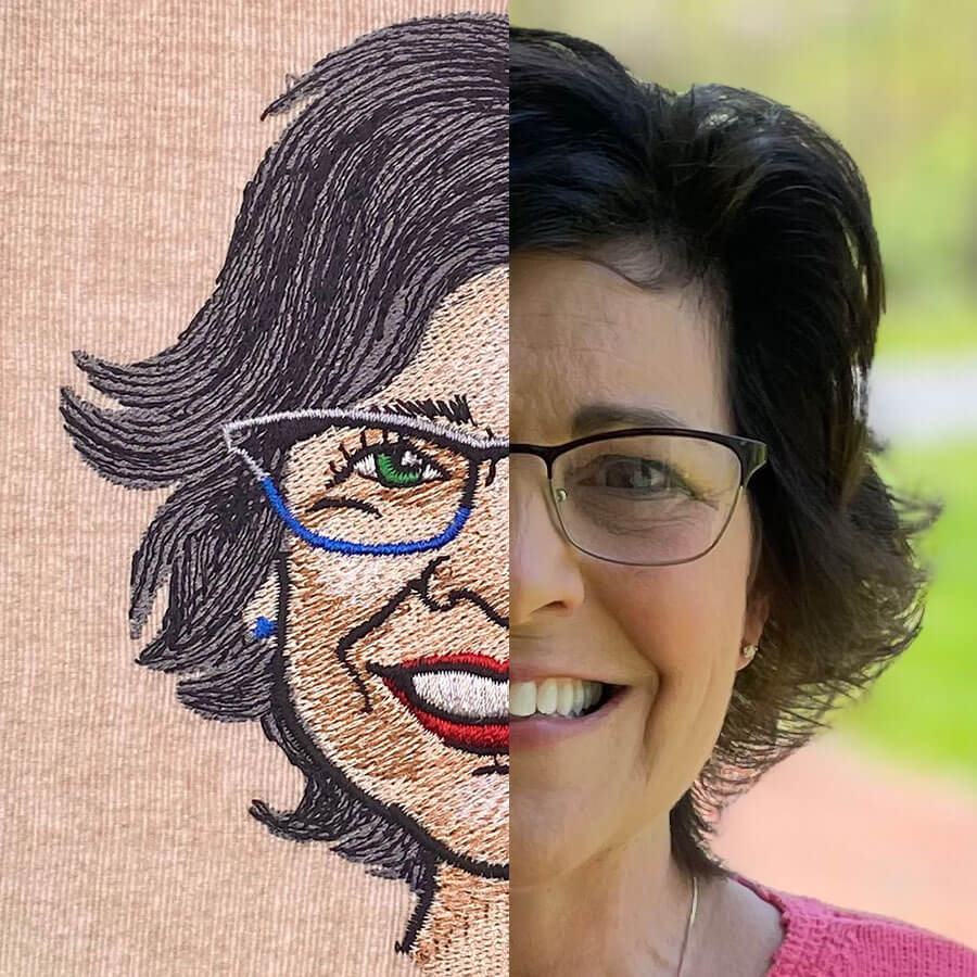 Linda half and half Carica-Stitch embroidery portrait