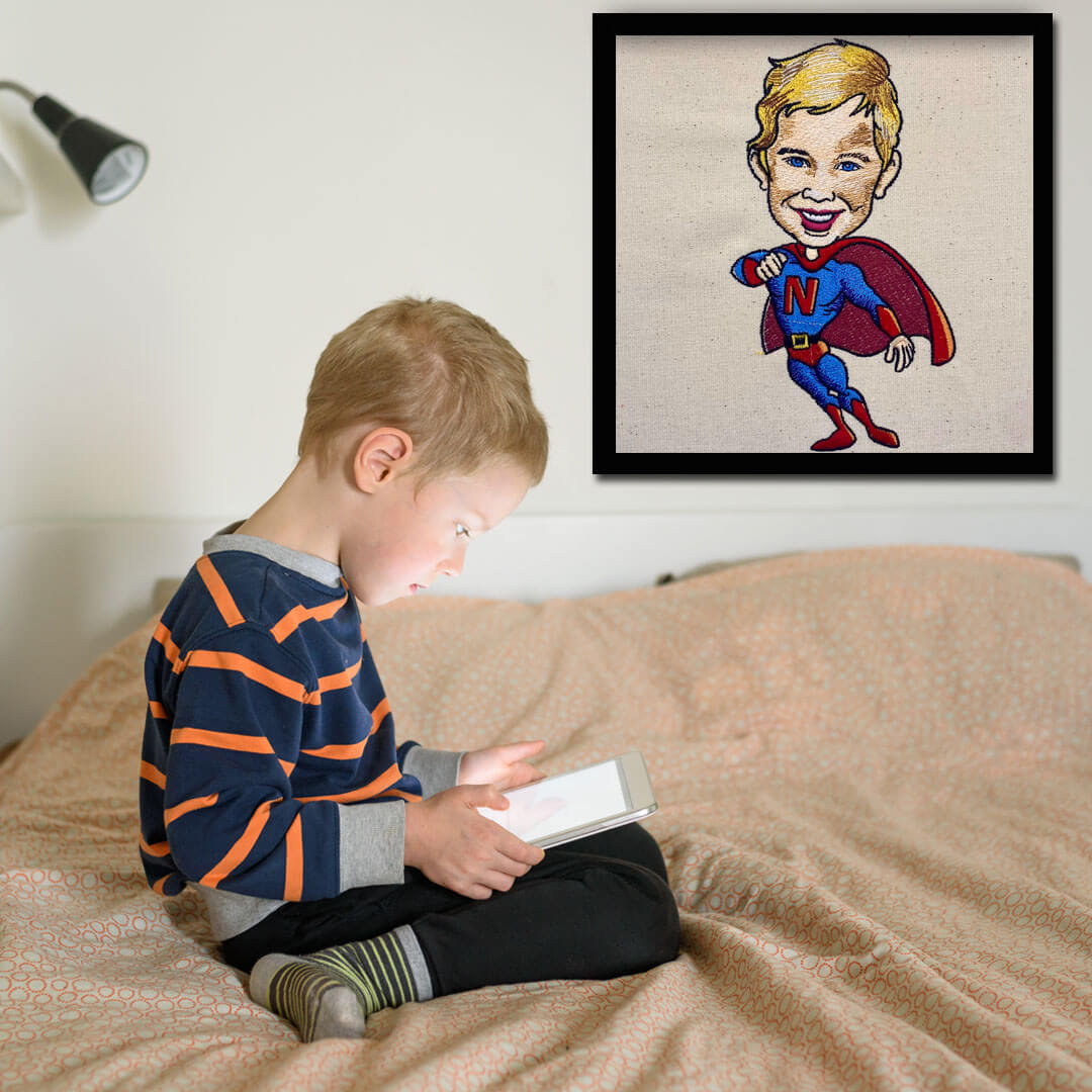 Boy in room with Carica-Stitch on wall
