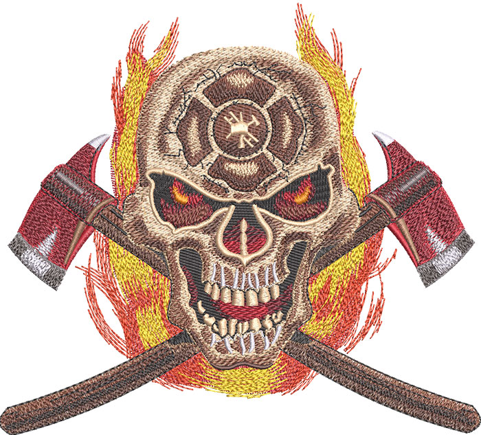 flaming firefighter skull embroidery design