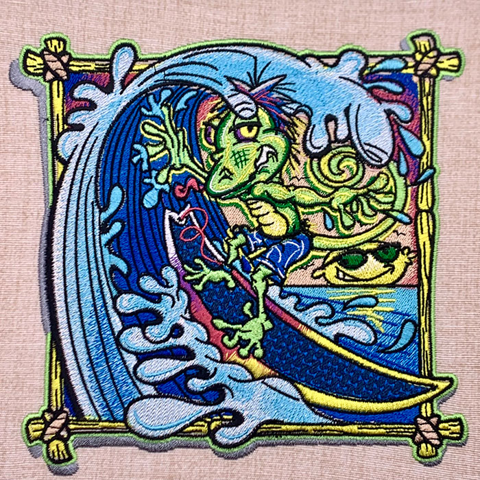 Gecko Surfing embroidery design
