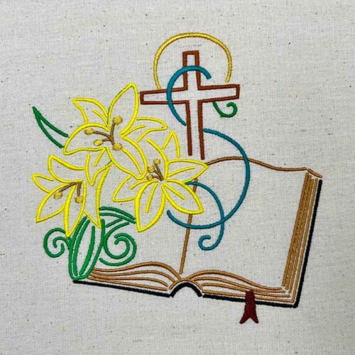 Lilies with bible and cross embroidery design