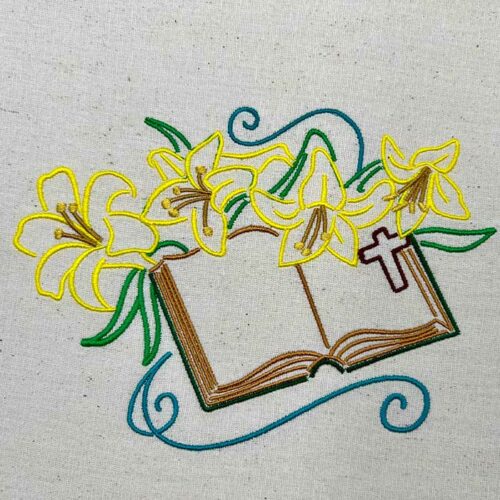 Bible With Lily And Cross Embroidery Design