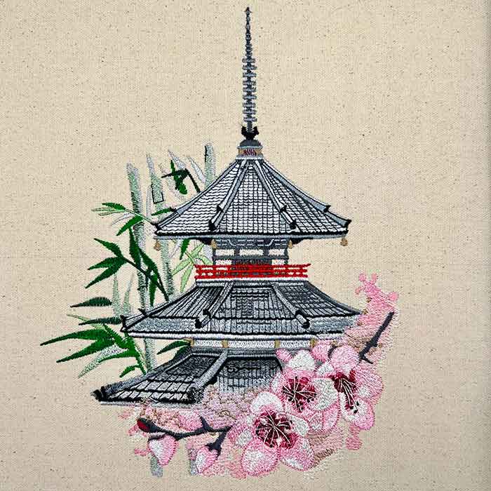 Okinawa Pagoda With Cherry Blossoms Embroidery Design