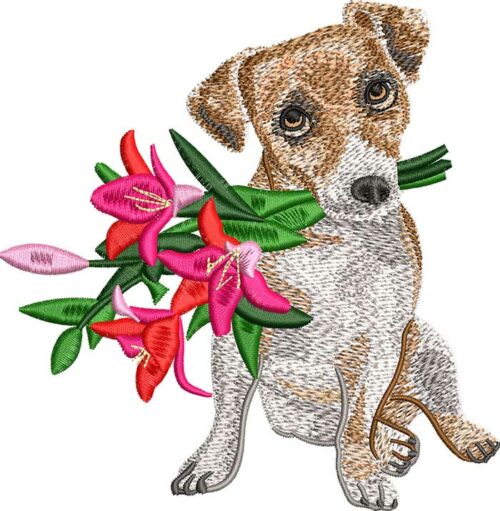 Jack Russel with flowers embroidery design