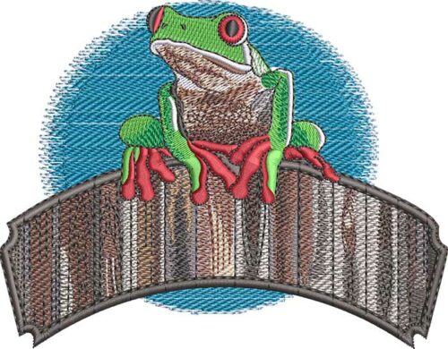 Frog on wood panel embroidery design